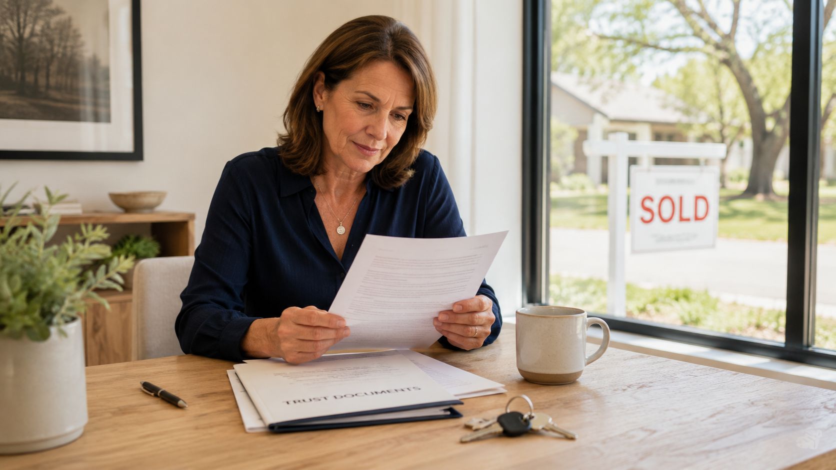 A professional woman reviews trust real estate sale documents at a desk near a window with a sold sign.